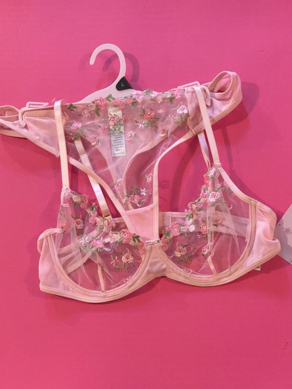 Bed Of Roses Lingerie Embroidery Bra Set Pink Sz Large